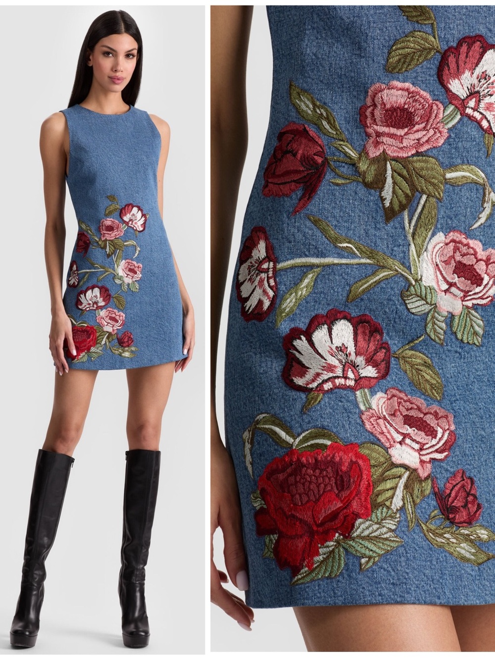 ALICE + OLIVIA CADE EMBROIDERED DENIM MINI DRESS